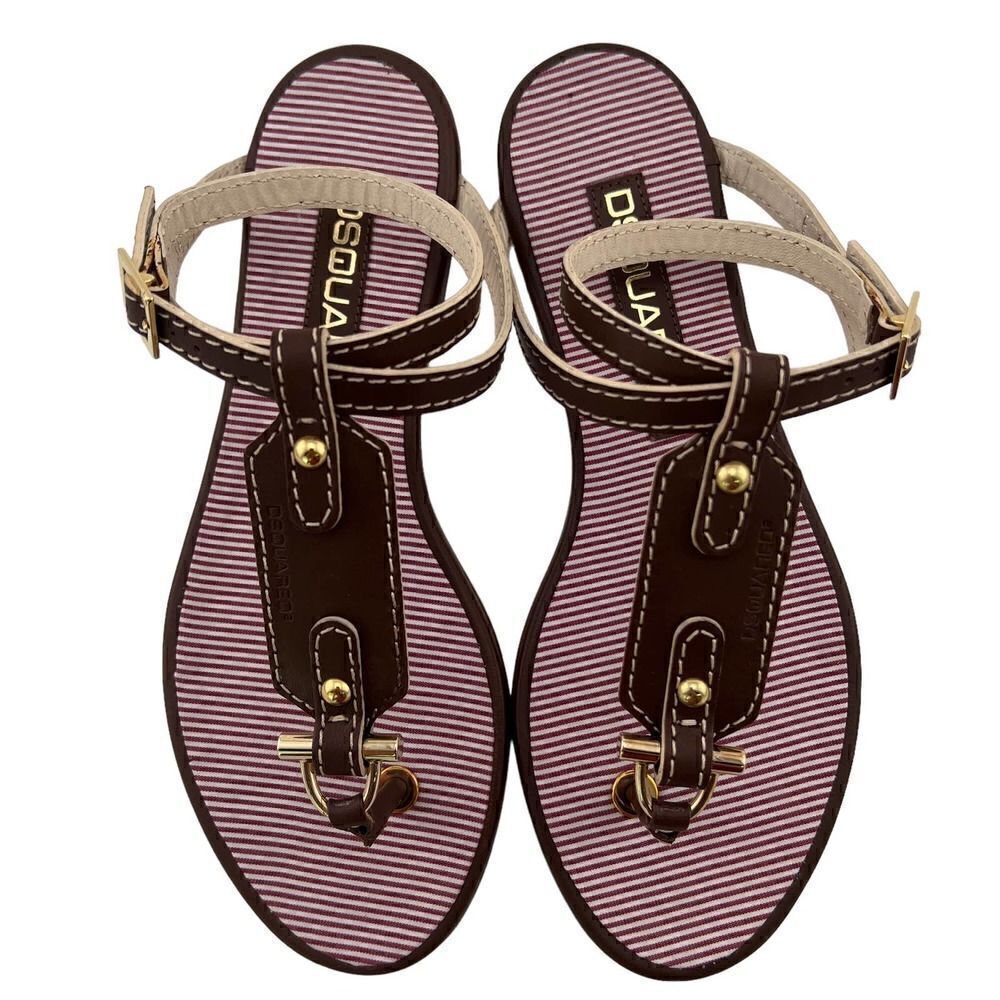 New Dsquared 2 Women Brown Leather Flat Sandals Gold T-Strap Ankle Strappy Shoes